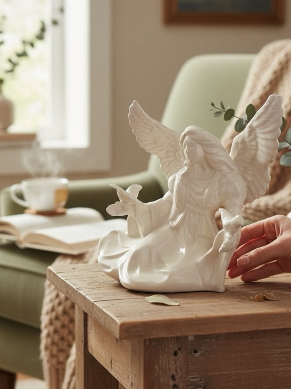 Glossy White Ceramic Angel Sculpture with Doves